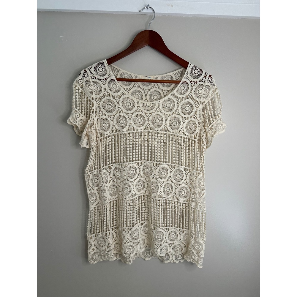 Lovely 153 Crochet Lace Top Women Medium Cream EUC Boho Short Sleeve Cotton